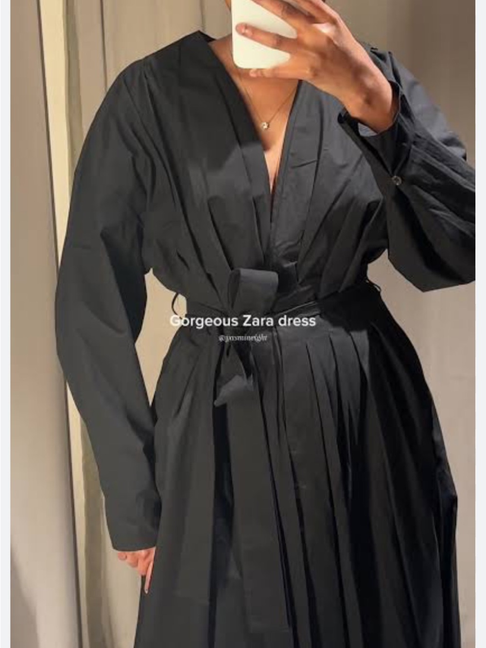 Zara Black Long-Sleeve Pleated Wrap Dress with Tie Waist